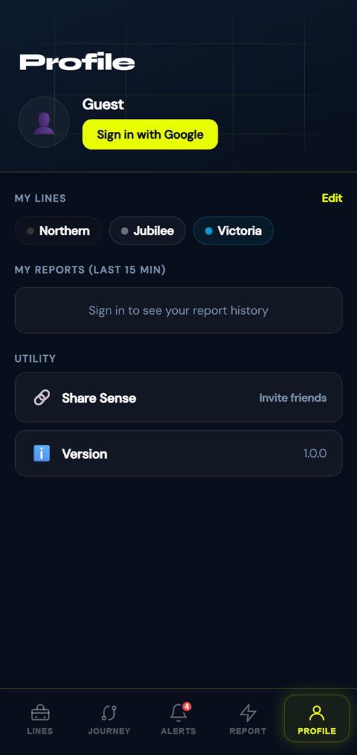 Sense app — profile and saved lines